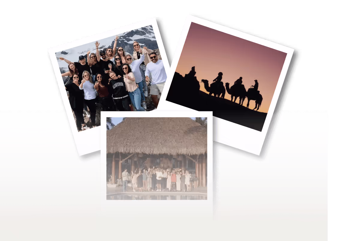 Collage of group photos in mountains, thatched hut, and camel silhouettes